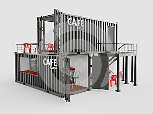 Converted old shipping container into cafe, 3d Illustration isolated gray