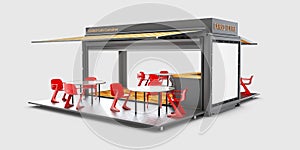 Converted old shipping container into cafe, 3d Illustration isolated white