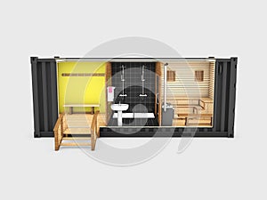 Converted old shipping container into sauna, 3d Illustration isolated gray.