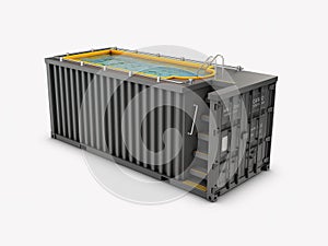 Converted old shipping container into swimming pool, isolated white 3d Illustration