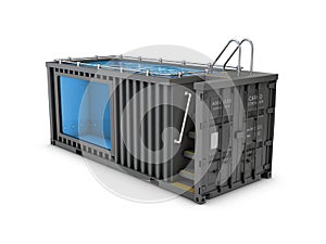 Converted old shipping container into swimming pool, isolated white 3d Illustration