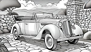 Convertible touring car vintage stone driveway monochrome artwork