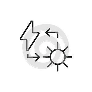 Converting sunlight to electricity icon in line design. Converting, sunlight, electricity, energy isolated on white