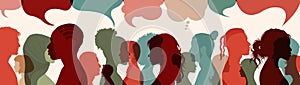 Crowd.Silhouette heads faces to the side of group of international people talking.Diversity people.Speech bubble. Communication photo