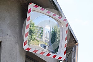 Convex mirror for help street traffic in road on safety concept in city center