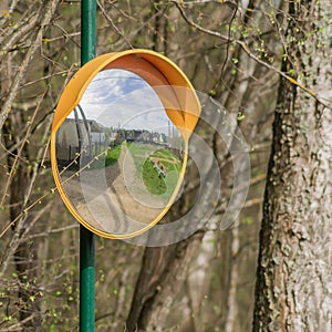 Convex mirror, traffic mirror in countryside