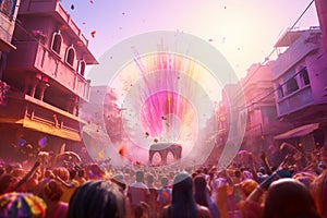 Convey the excitement of Holi processions with a