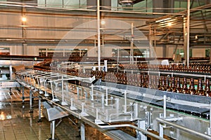 Conveyer line with many beer bottles