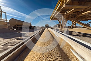 conveyor being used to transport large construction materials, such as sand or gravel, for a building project on A construction