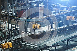 Conveyor belt, beer in bottles, brewery factory industrial production line