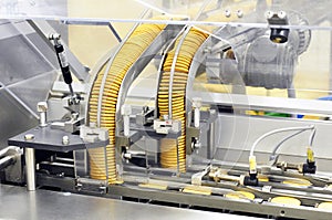 Conveyor belt with biscuits in a food factory - machinery equipm