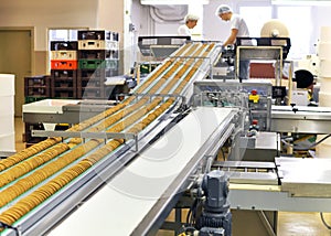 Conveyor belt with biscuits in a food factory - machinery equipm