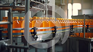 Conveyor belt, bottled juice in the beverage factory inside the factory, industrial production line, selective focus