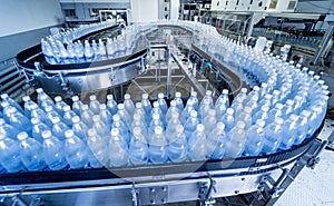 Conveyor belt with bottles of drinking water at a modern beverage plant.