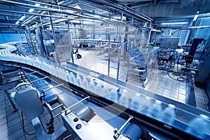 Conveyor belt with bottles of drinking water at a modern beverage plant.