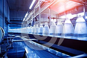 Conveyor belt with bottles of drinking water at a modern beverage plant.