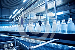 Conveyor belt with bottles of drinking water at a modern beverage plant.