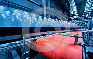 Conveyor belt with bottles of drinking water at a modern beverage plant.