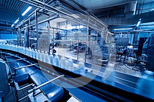 Conveyor belt with bottles of drinking water at a modern beverage plant.