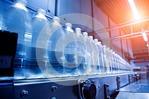 Conveyor belt with bottles of drinking water at a modern beverage plant.