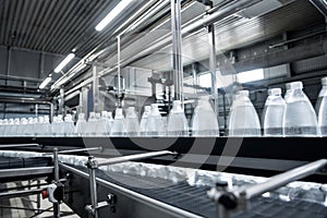 Conveyor belt with bottles of drinking water at a modern beverage plant.