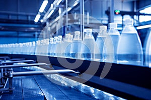 Conveyor belt with bottles of drinking water at a modern beverage plant.