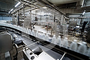 Conveyor belt with bottles of drinking water at a modern beverage plant.