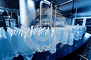 Conveyor belt with bottles of drinking water at a modern beverage plant.