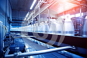 Conveyor belt with bottles of drinking water at a modern beverage plant.