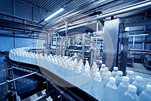 Conveyor belt with bottles of drinking water at a modern beverage plant.