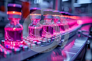 Conveyor belt with bottles of purple liquid in factory