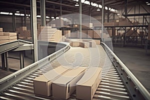 Conveyor belt with boxes at the factory close-up, created with Generative AI technology.