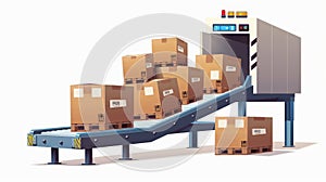 The conveyor belt with cardboard boxes is at a factory, plant or warehouse. Modern realistic illustration of automated