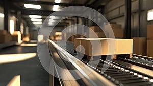 A conveyor belt with cardboard boxes in a warehouse setting