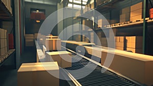 A conveyor belt with cardboard boxes in a warehouse setting
