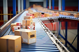 Conveyor belt carrying packaged goods to the loading dock. Generative AI