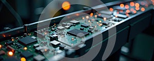 Conveyor belt of circuit boards, chips, and wires await responsible recycling , discarded, eco friendly photo