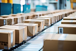 Conveyor belt close up with many boxes passing