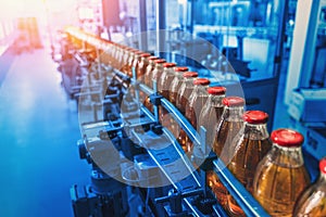 Conveyor belt, factory interior in blue color and bottles with juice, industrial production line