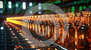 A conveyor belt filled with bottles at a beer bottling factory. Bottles on the conveyor.