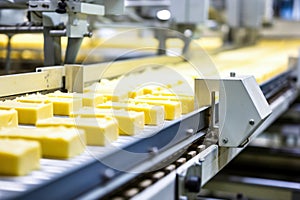 Photo of a conveyor belt filled with a variety of delicious cheeses. Industrial cheese production plant. Modern technologies.