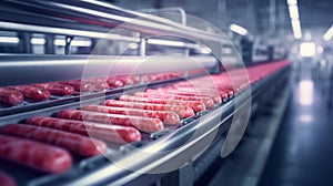 Conveyor belt filled with raw hot dogs in a factory setting