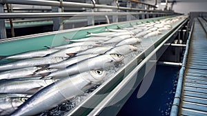 conveyor belt in a fish processing factory with a line of fresh salmon