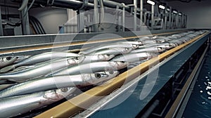 conveyor belt in a fish processing factory with a line of fresh salmon