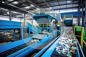 A conveyor belt full of garbage in a factory. Plant for the processing and sorting of garbage and household waste. Waste disposal