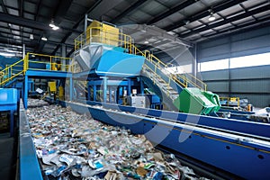 A conveyor belt full of garbage in a factory. Plant for the processing and sorting of garbage and household waste. Waste disposal