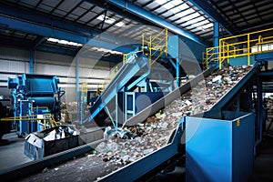 A conveyor belt full of garbage in a factory. Plant for the processing and sorting of garbage and household waste. Waste disposal