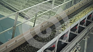 The conveyor belt of ingredients to the mixer. Workers in the workshop of the House-building plant. Industrial interior