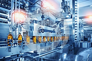 Conveyor belt with juice bottles on beverage factory interior in blue color photo