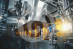 Conveyor belt, juice in bottles on beverage plant or factory interior in blue color, industrial production line